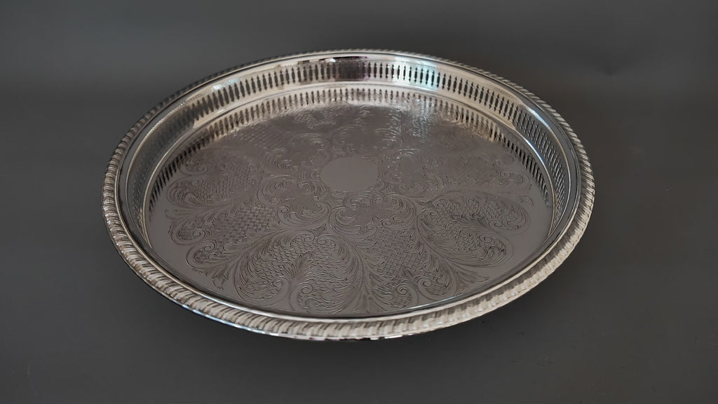 Pristine Boxed 14-Inch Vintage Cavalier Silver Plated Pierced Gallery Tray