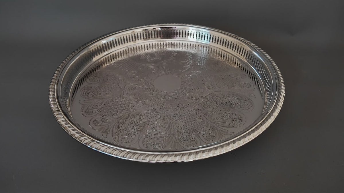 Pristine Boxed 14-Inch Vintage Cavalier Silver Plated Pierced Gallery Tray