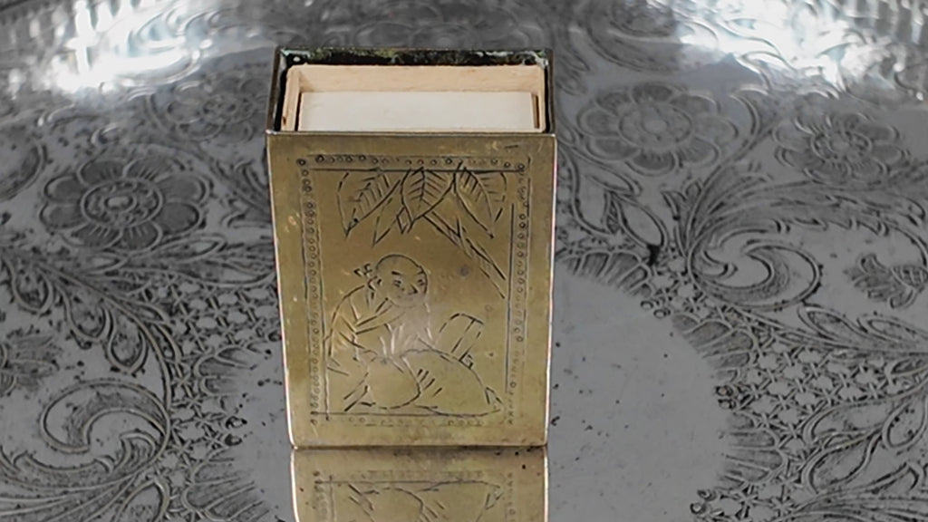 Vintage Chinoiserie Engraved Brass Matchbox Sleeve with Soviet USSR Criterion Matches