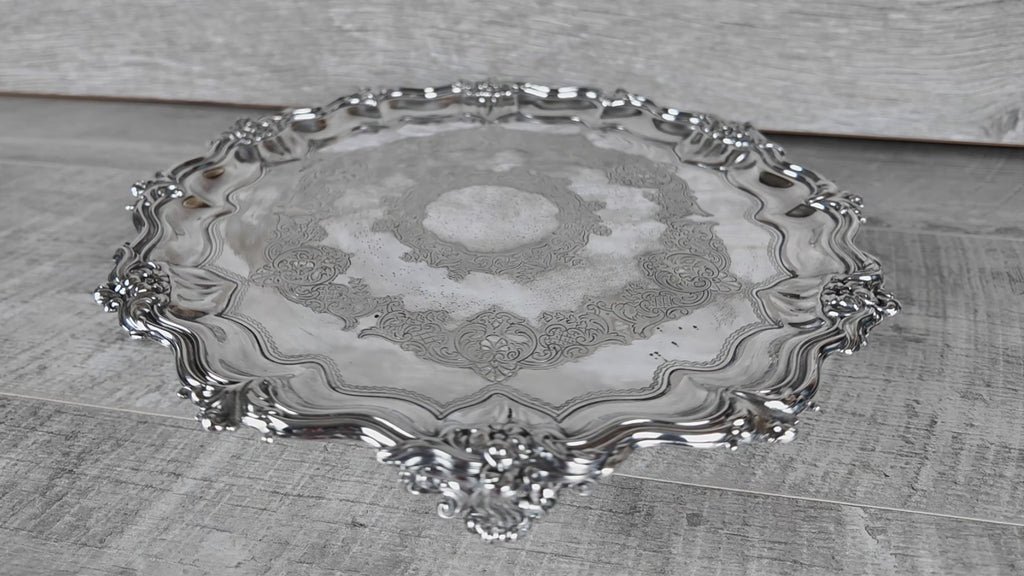 Vintage Walker & Hall Sheffield Silver Plated Footed Salver Tray Ornate 12" W&H