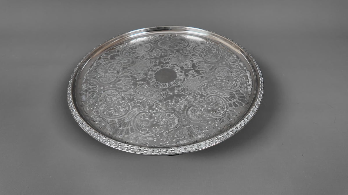 Vintage Ianthe Silver Plated Round Serving Tray - Mid-Century Chased Drinks Salver