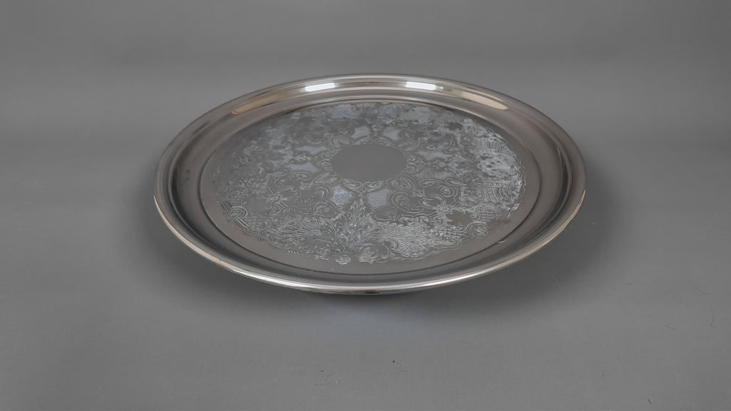 Vintage English Silver Plate on Copper Round Drinks Tray - Chased Floral Serving Salver