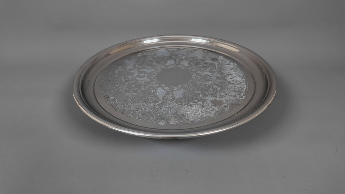 Vintage English Silver Plate on Copper Round Drinks Tray - Chased Floral Serving Salver