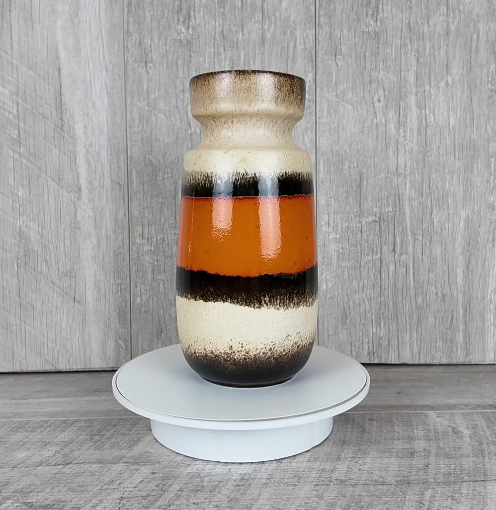 Vintage Scheurich 242-22 West German Pottery Vase - Mid-Century Orange & Cream Banded Ceramic