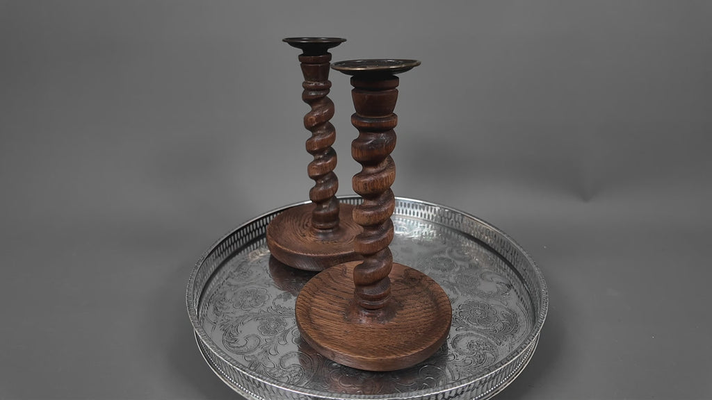 Pair of Vintage Hand-Turned Oak Barley Twist Candlesticks