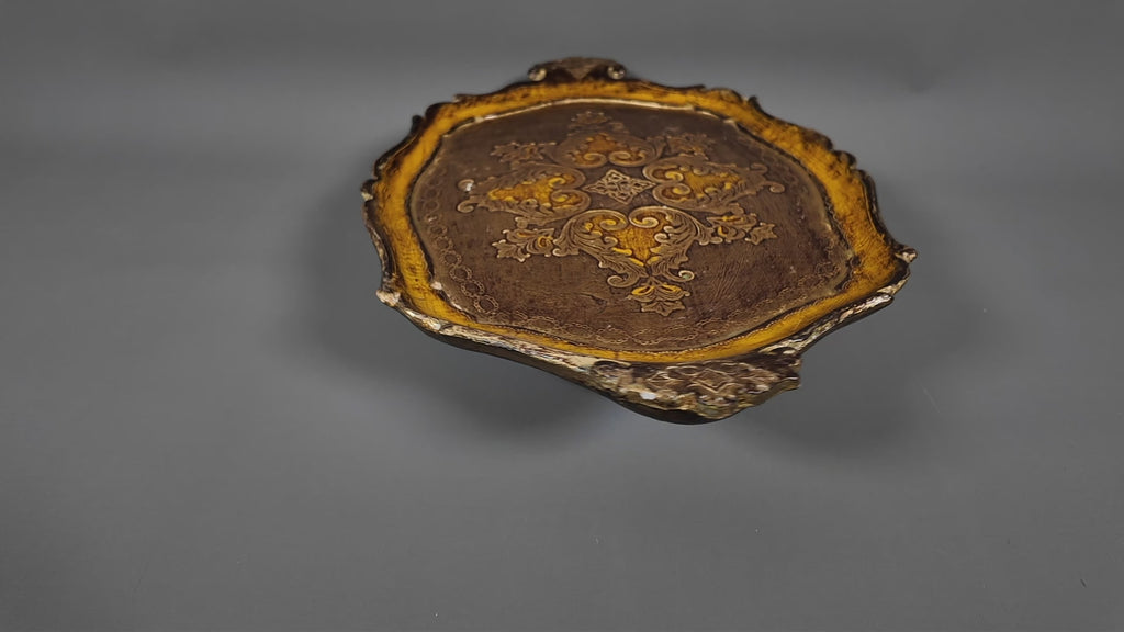 Vintage Italian Florentine Oval Handle Serving Tray - Mid-Century Gold Gilt & Yellow-Ochre Salver