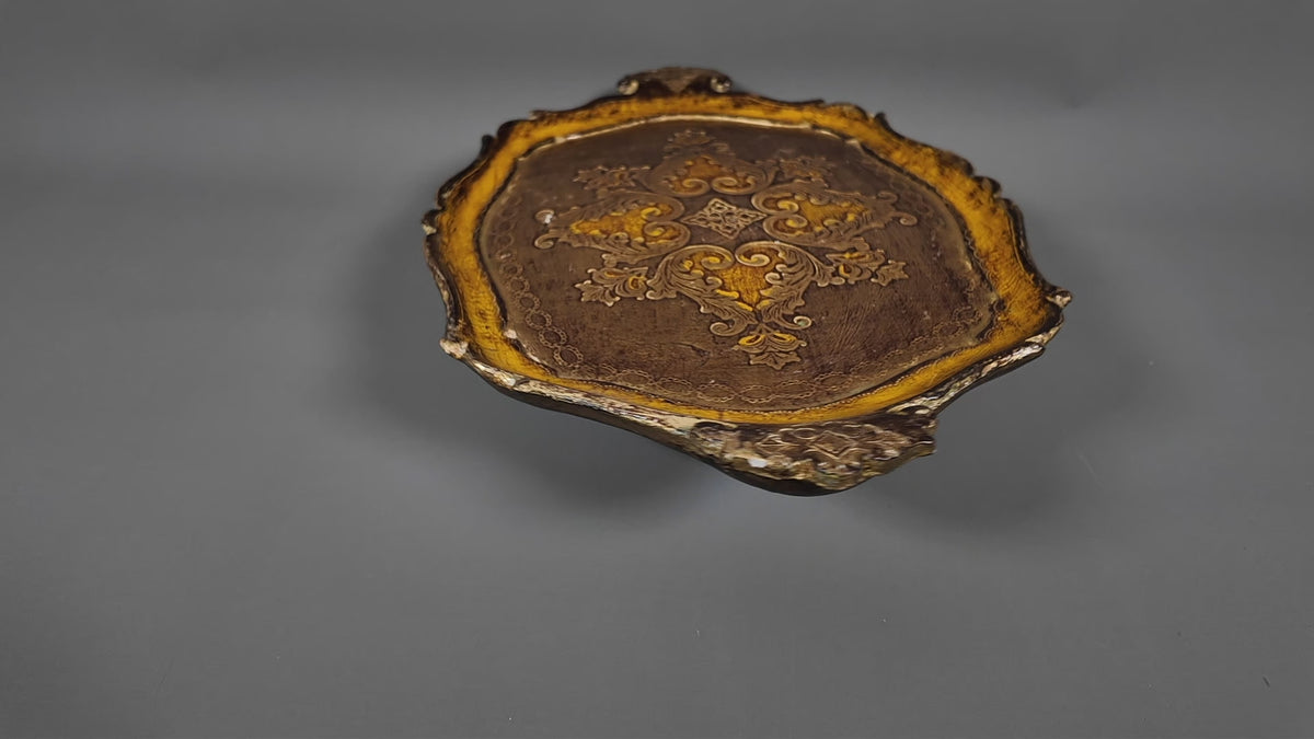 Vintage Italian Florentine Oval Handle Serving Tray - Mid-Century Gold Gilt & Yellow-Ochre Salver