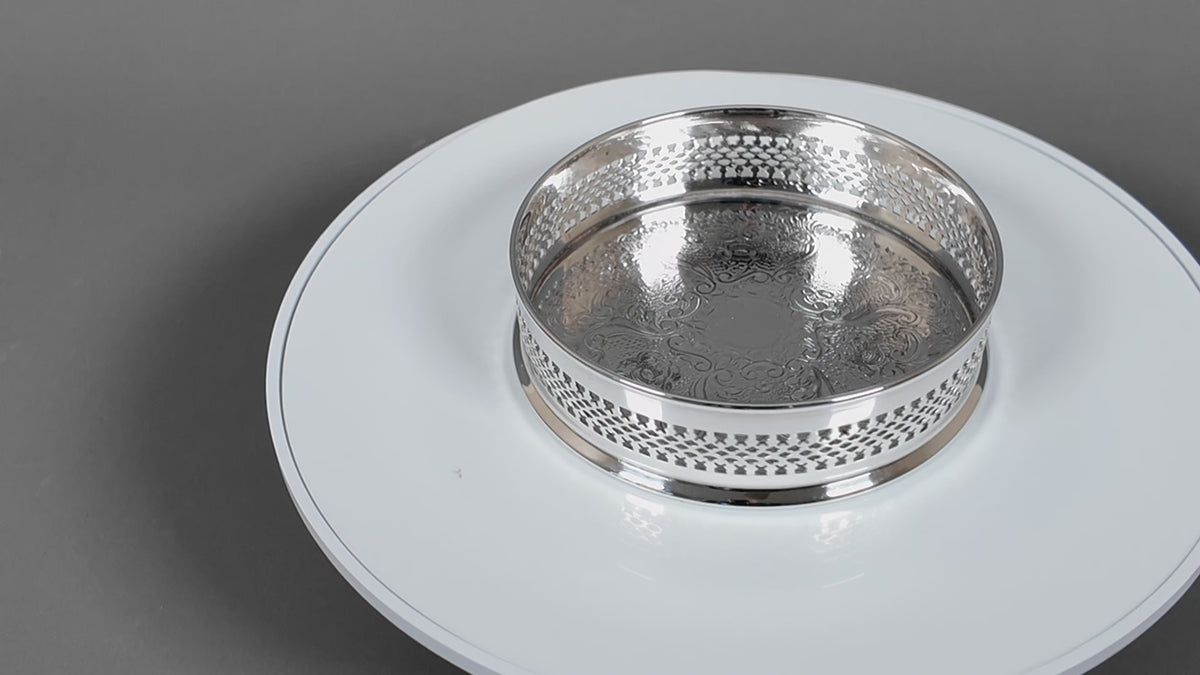 Vintage English Silver Plated Pierced Wine Bottle Coaster - Chased Barware Decanter Stand
