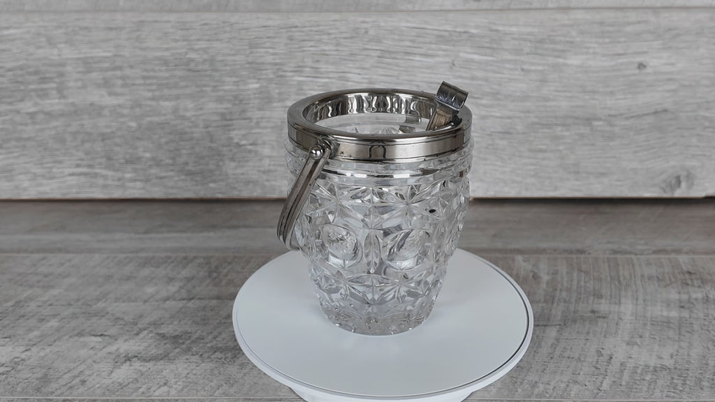 Vintage Molded Pressed Glass Ice Bucket with Tongs - Retro Barware Display