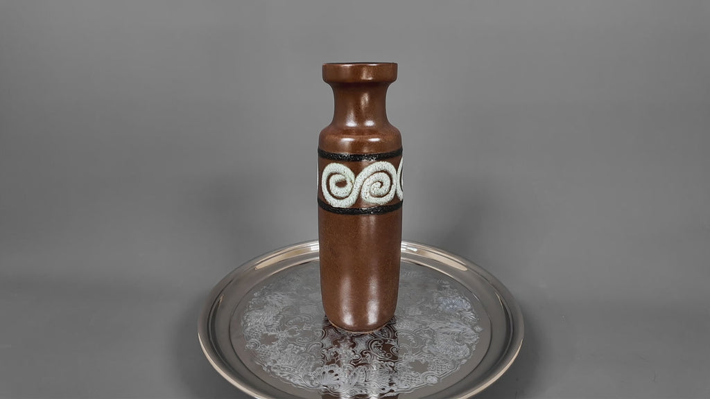 Vintage Scheurich 200-28 West German Pottery Vase – Mid-Century Brown Scroll Fat Lava