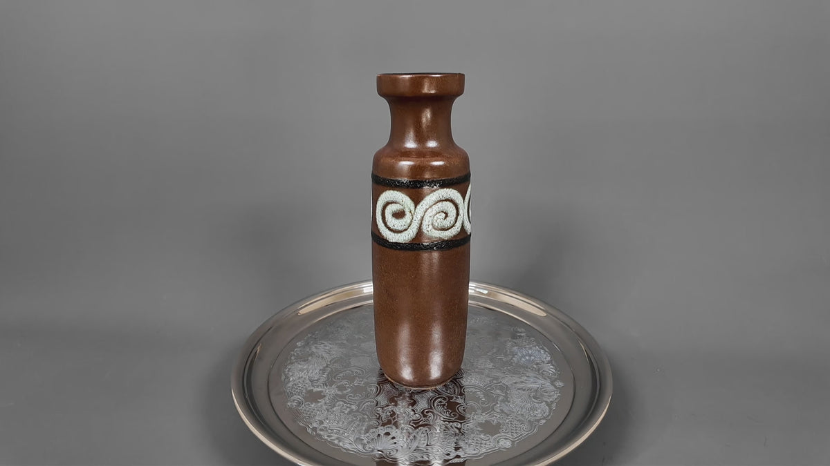 Vintage Scheurich 200-28 West German Pottery Vase – Mid-Century Brown Scroll Fat Lava