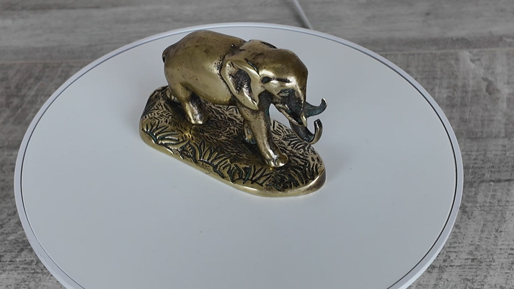 Antique Solid Brass Elephant Figurine on Cast Savannah Base - British Made Barware Paperweight