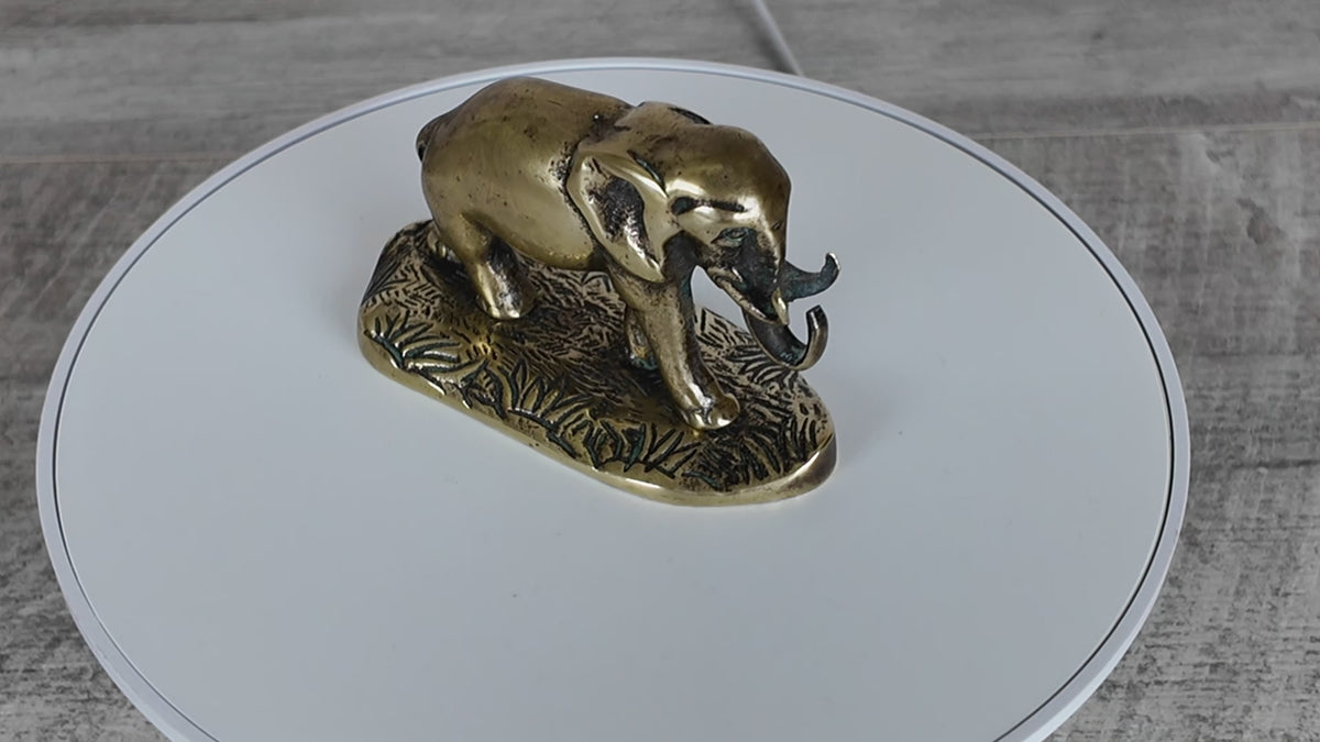 Antique Solid Brass Elephant Figurine on Cast Savannah Base - British Made Barware Paperweight