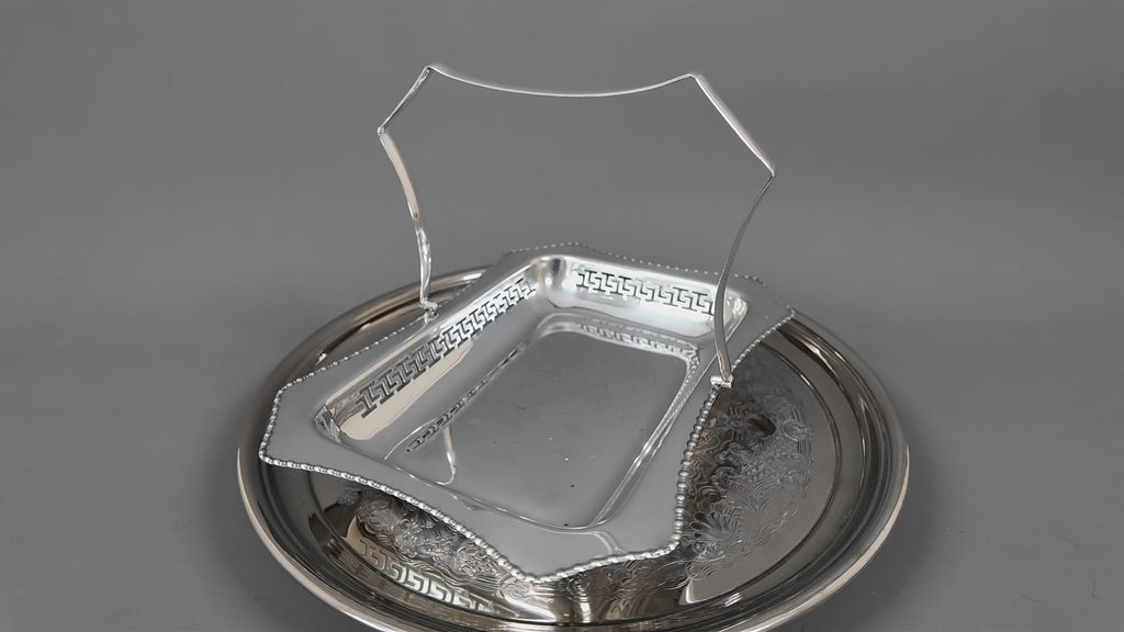 Vintage Silver Plate Cake Basket with Greek Key Pierced Border
