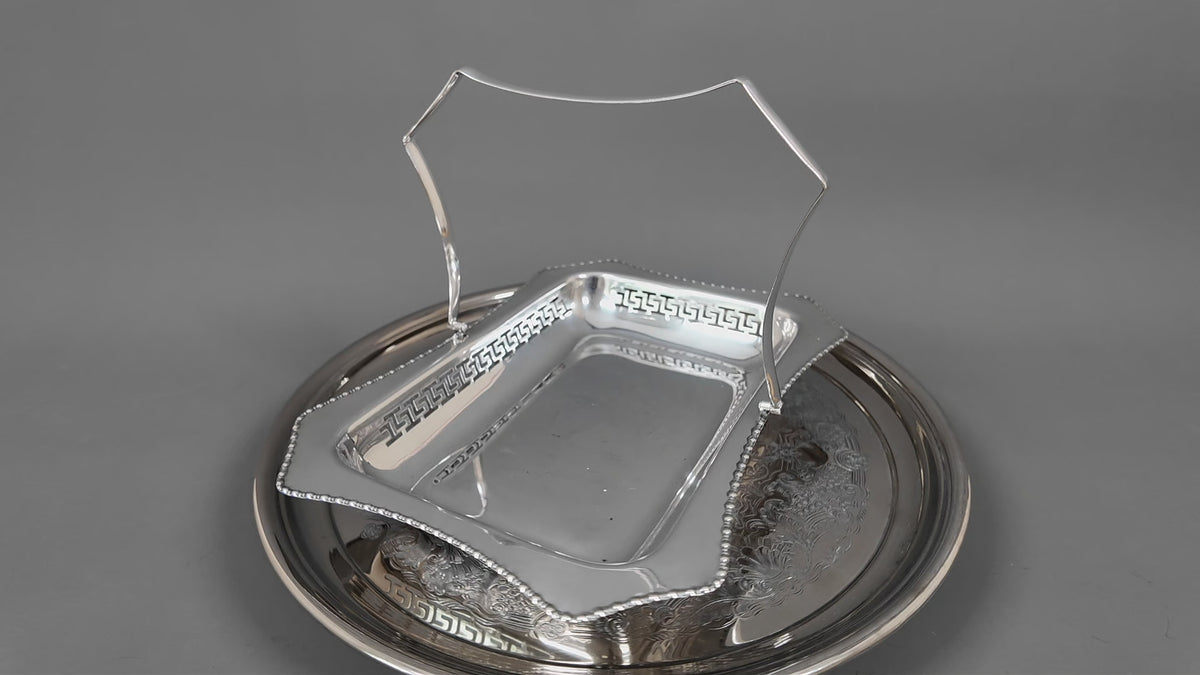 Vintage Silver Plate Cake Basket with Greek Key Pierced Border