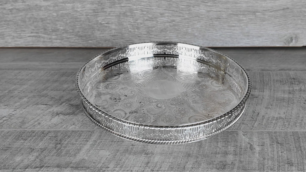 Vintage Viners of Sheffield Silver on Copper Gallery Tray - Chased Round Drinks Salver