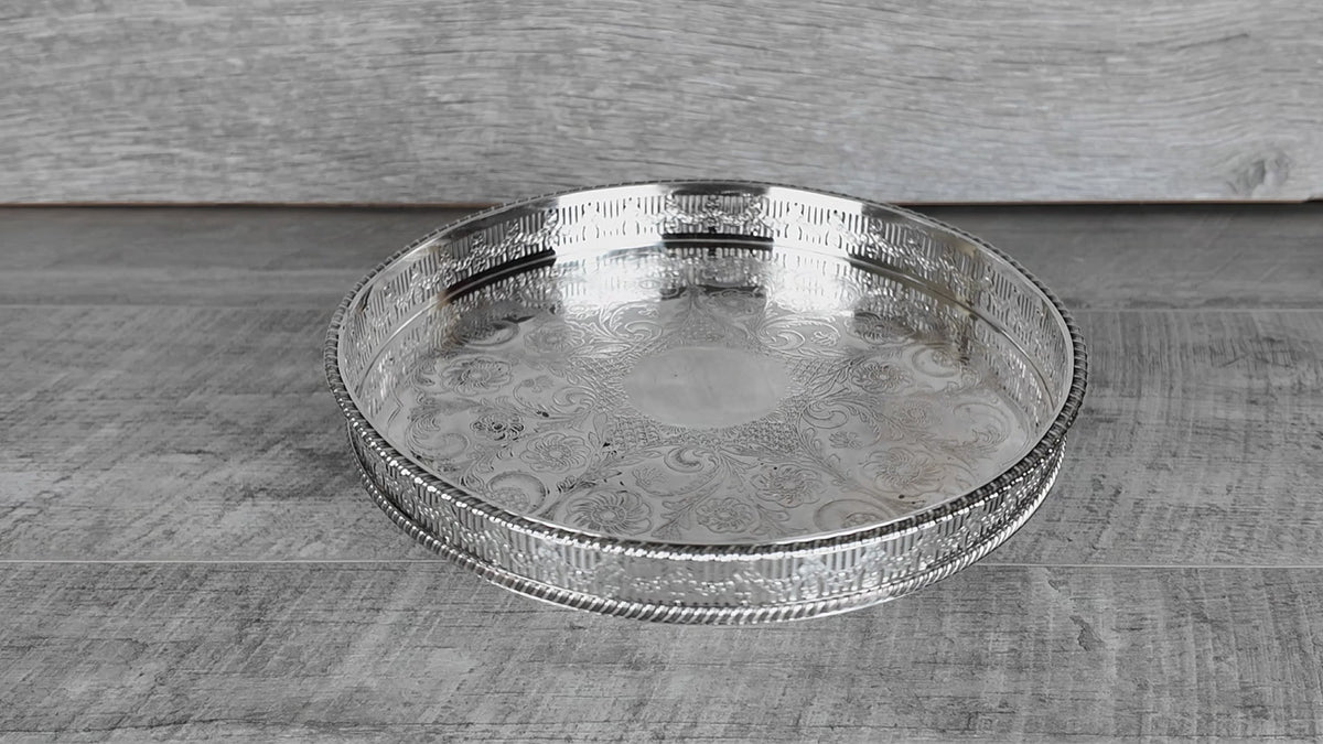 Vintage Viners of Sheffield Silver on Copper Gallery Tray - Chased Round Drinks Salver