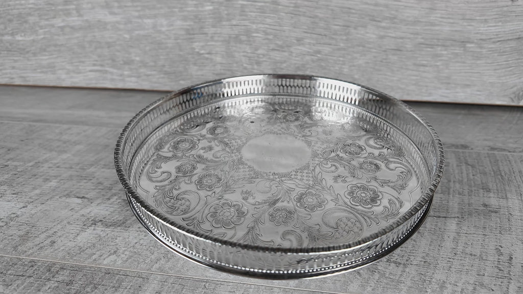 Vintage Viners of Sheffield Alpha Plate Gallery Tray Floral Chased Drinks Salver
