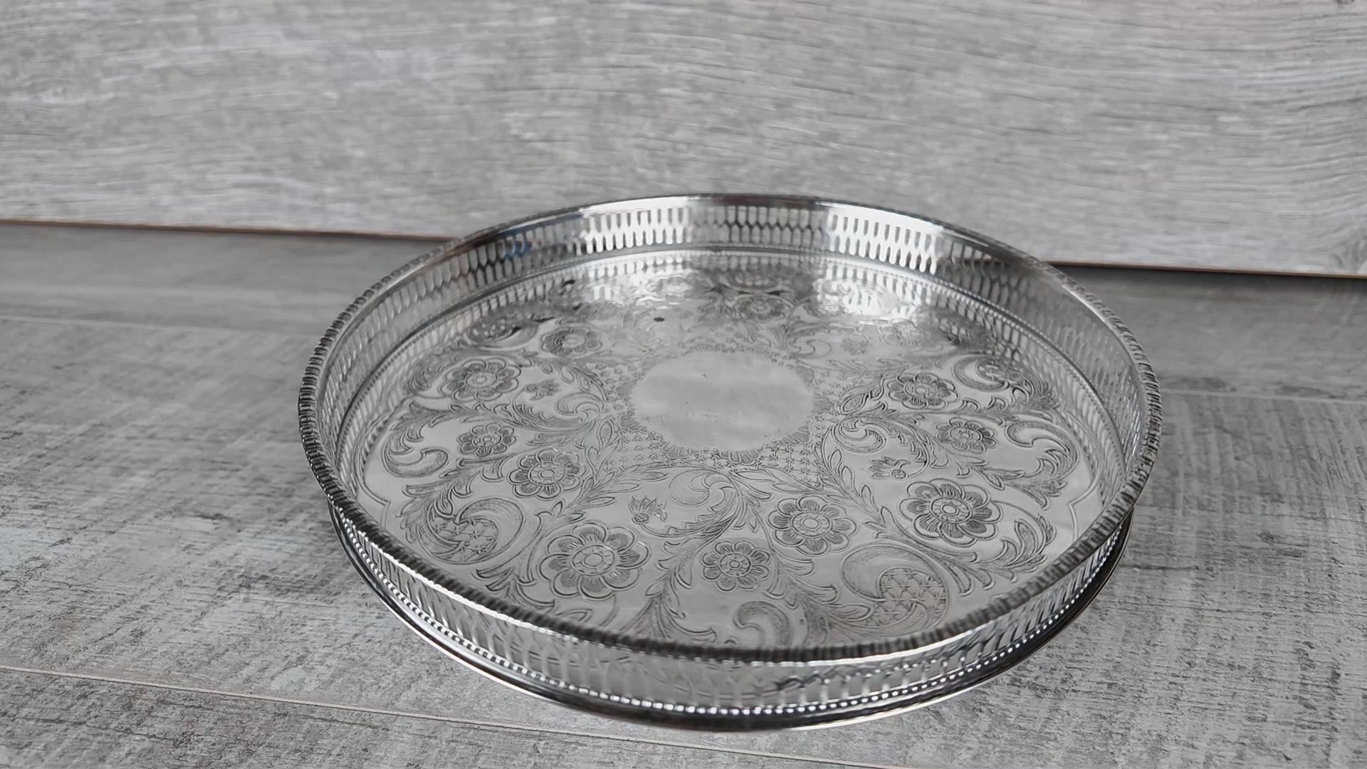 Vintage Viners of Sheffield Alpha Plate Gallery Tray Floral Chased Drinks Salver