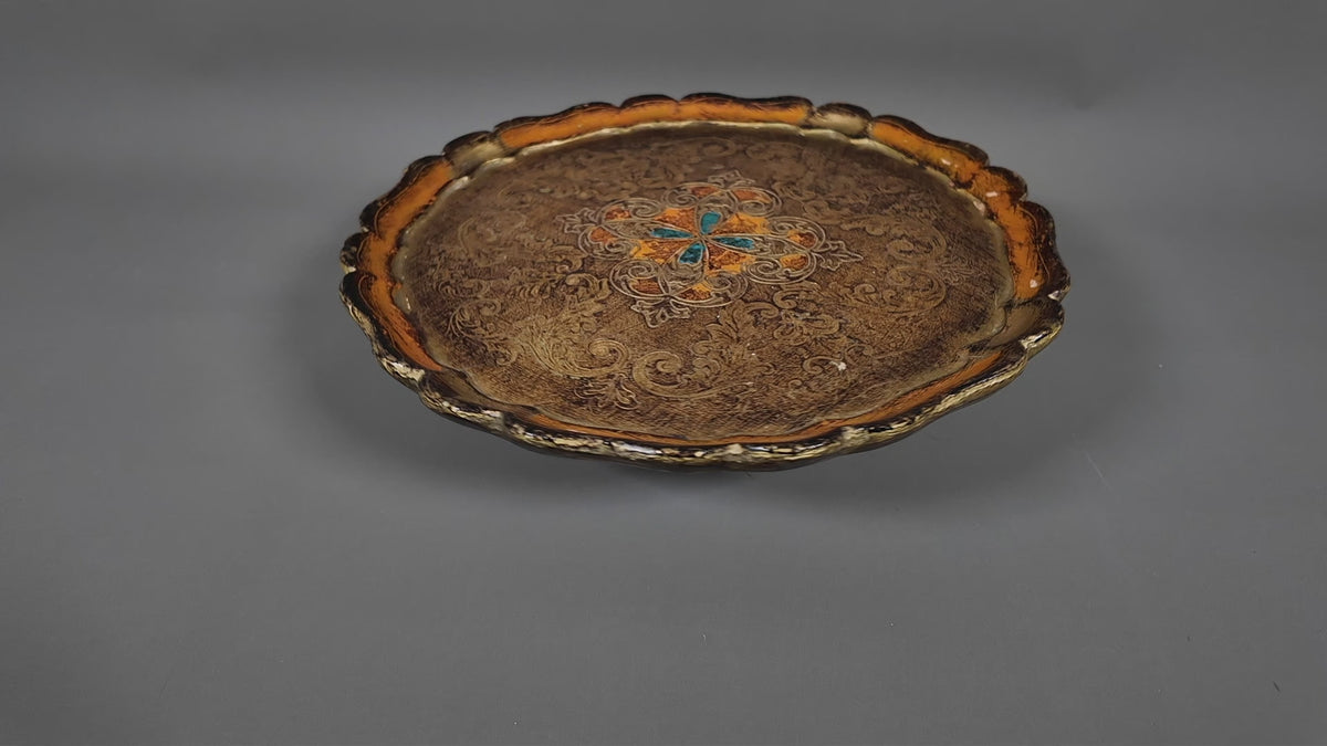 Vintage Italian Florentine Round Serving Tray - Mid-Century Gold Gilt & Orange Salver